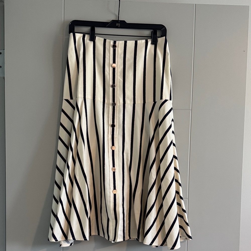 Veronica Beard Strapless dress, navy/cream stripe w rose gold threading size 6